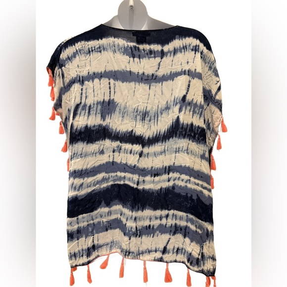 Navy and Cream Tie-Dye Swim Cover-Up with Coral Tassels - Picture 4 of 5